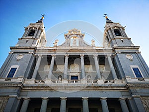 Facade details of the Cathedral of Santa MarÃ­a la Real de la Almudena, Madrid, Spain