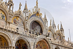 Facade details of Saint Mark Basilica in Venice Italy