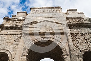 Facade details of the Triumphal Arch Arc de Triomphe in Orange, France