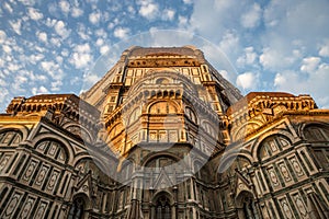 Facade and Dome of Cathedral of Saint Mary of Flower in Florence in Sunrise, Italy