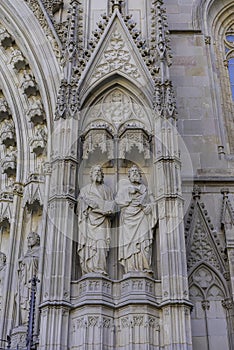 Facade elements with apostles of the Gothic Barcelona Cathedral, Basilica La Catedral de la Santa Creu i Santa Eulalia