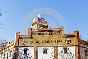 Facade of the Estrella Damm beer brewery in el Eixample in Barcelona, Catalonia, Spain, Europe