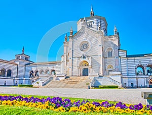 The facade of Famedio, the central building of Monumental Cemetery of milan, Italy