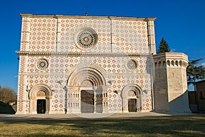 Facade of the famous Basilica of Santa Maria di Collemaggio in l`Aquila restored after the earthquake of 2009