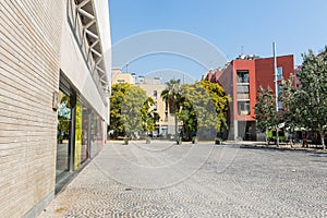 Facade of Filmoteca of Catalonia, film archive, cinemas, exhibition rooms and library in El Raval quarter of Barcelona. Salvador