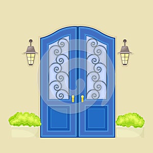Facade of Front Double Door with Decorative Bushes in Cachepot and Light Vector Illustration
