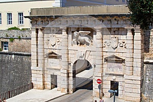 Facade of Gate of Terraferma Gate of Zara, the most famous gate of Zadar, Croatia, and the wall fortification in the old town