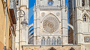 Facade of the Gothic cathedral of Leon, Spain