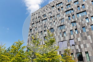 Facade with grey rectangles office building with trees in front