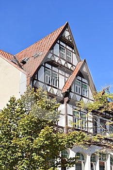 Facade of a half timbered house in Hamelin