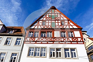 Facade of a half-timbered house in the historic center of Rothenburg ob der Tauber in South Germany