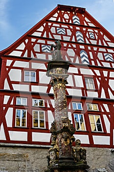 Facade of a half-timbered house in the historic center of Rothenburg ob der Tauber in South Germany