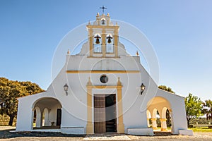 Facade of the hermitage of Nuestra SeÃ±ora de Piedras Albas, located in the Prado de Osma area, El Almendro. The church dates from