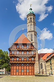 Facade of the historic Alte Waage building and church tower in Braunschweig photo