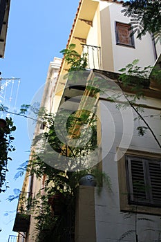 Facade of a historic building with a beautiful cloudless blue sky in the  historic center of Palermo in Italy