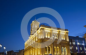 Facade historic building of the Leningradsky railway station night -- is one of the nine main railway stations of Moscow, Russia