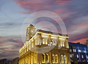 Facade historic building of the Leningradsky railway station night -- is one of the nine main railway stations of Moscow, Russia