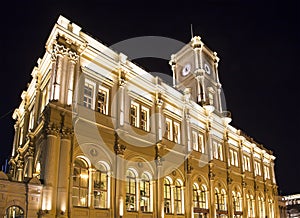 Facade historic building of the Leningradsky railway station night -- is one of the nine main railway stations of Moscow, Russia