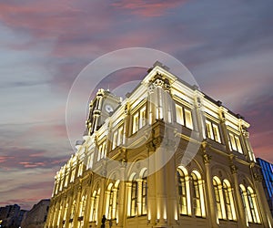 Facade historic building of the Leningradsky railway station night -- is one of the nine main railway stations of Moscow, Russia