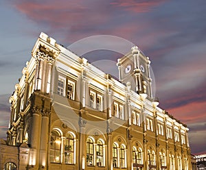 Facade historic building of the Leningradsky railway station night -- is one of the nine main railway stations of Moscow, Russia