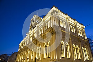 Facade historic building of the Leningradsky railway station night -- is one of the nine main railway stations of Moscow, Russia