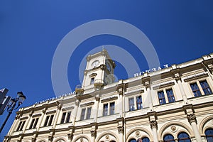 Facade historic building of the Leningradsky railway station -- is one of the nine main railway stations of Moscow, Russia