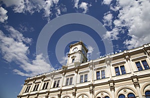 Facade historic building of the Leningradsky railway station -- is one of the nine main railway stations of Moscow, Russia