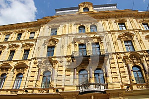 Facade of a historic building in the main pedestrian street of Linz, Austria.