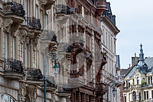 Facade of historic houses with balcony in Wiesbaden