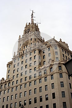 Facade of the historic Telefonica building in Madrid