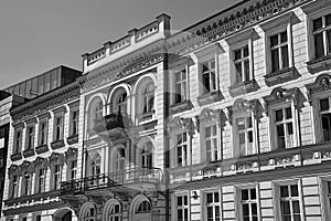 facade of a historic tenement house with balconies in the city of Poznan