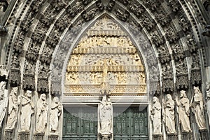 Facade of historical gothic cathedral in cologne.