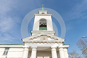 Facade of the Holy Trinity Cathedral 1836 of the Krasnoyarsk city, in the spring afternoon.