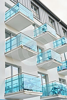 Facade of a house with blue balconies in Swinoujscie in Poland