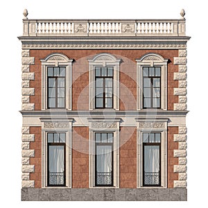 Brick facade of a classic-style house with windows. 3d rendering