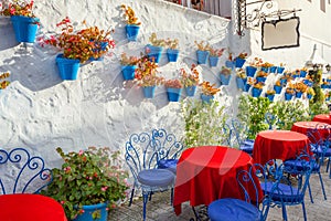 Facade of house with flowers in blue pots in Mijas. Malaga prov