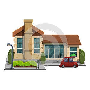 Facade house in town with car and decoration on white background.