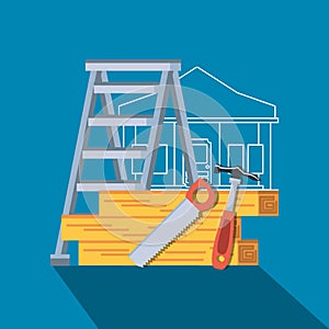 facade of house under construction with set tools