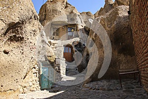 Facade of houses in rock cones in Kandovan village. East Azerbaijan province. Iran