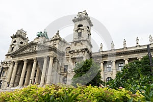 Facade of hungarian Ethnographic Museum In Budapest, Hungary. Located in Kossuth square. Old rococo architect building in downtown