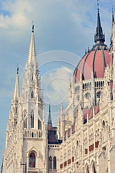 Facade of the Hungarian Parliament in Budapest, with neoclassical architecture