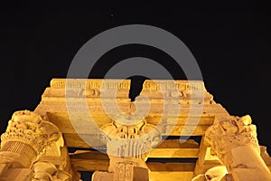 the facade of kom ombo temple at night