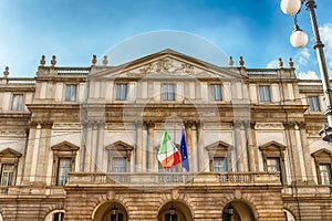 Facade of La Scala opera house in Milan, Italy