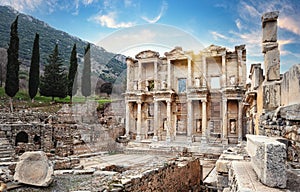 Facade of Library of Celsus in Ephesus in afternoon