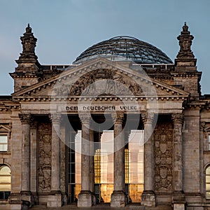 Facade and main entrance of the German Bundestag during sunset