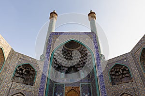 Facade of main entrance iwan of Shah Mosque on south side of Naghsh-e Jahan Square, Isfahan
