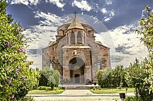 Facade and the main entrance to the Church of St. Hripsime in Echmiadzin