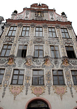 Facade of a major, ancient and elegantly decorated building in the town of Landsberg am Lech in Bavaria (Germany)