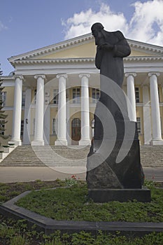 The facade of the mariinsky hospital for the poor in moscow the monument to the great russian writer fyodor dostoevsky.