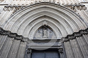 Facade of a Medieval church in the Calle Comtes street in the Gothic Quarter of Barcelona, Spain